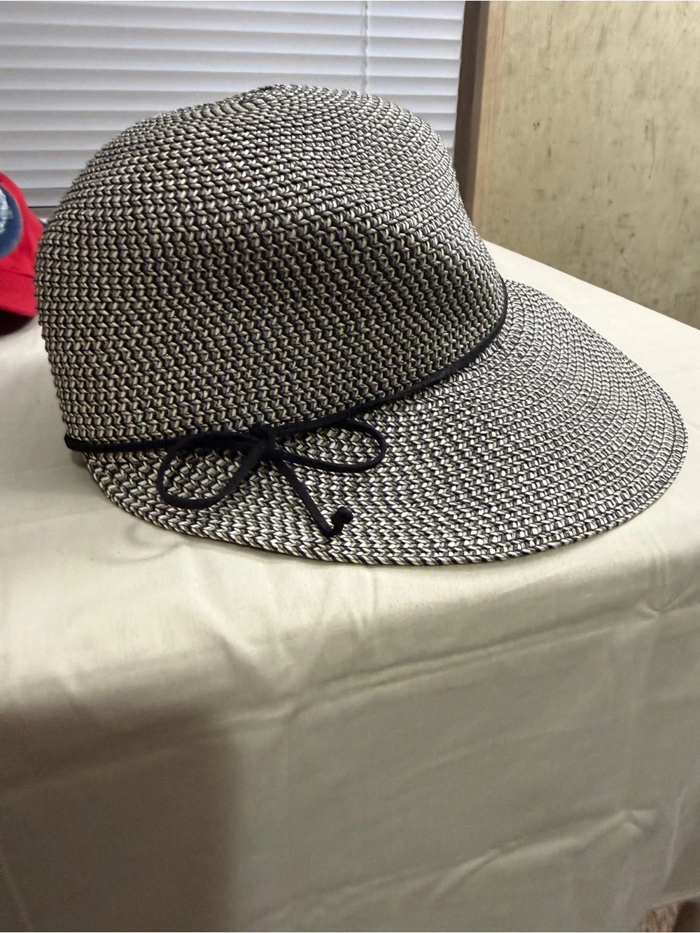 Nine West Black and White Woven Visor with Bow Trim